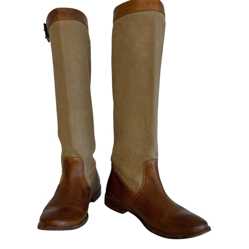 Frye Tall Riding Boots Brown Leather Canvas Buckle Boots Women’s 9.5